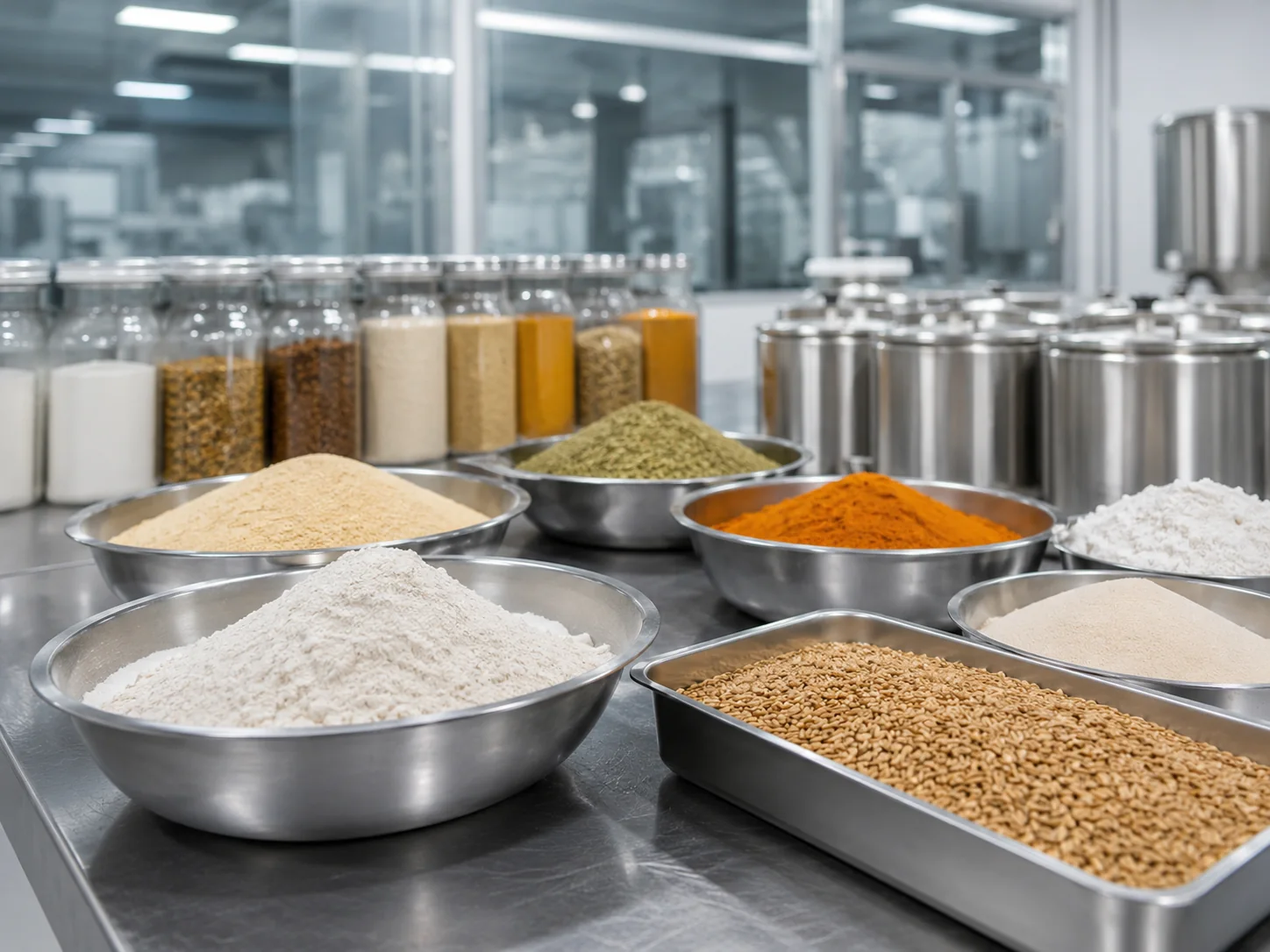 Făinuri, condimente și ingrediente uscate în vase din inox, într-o hală de producție alimentară