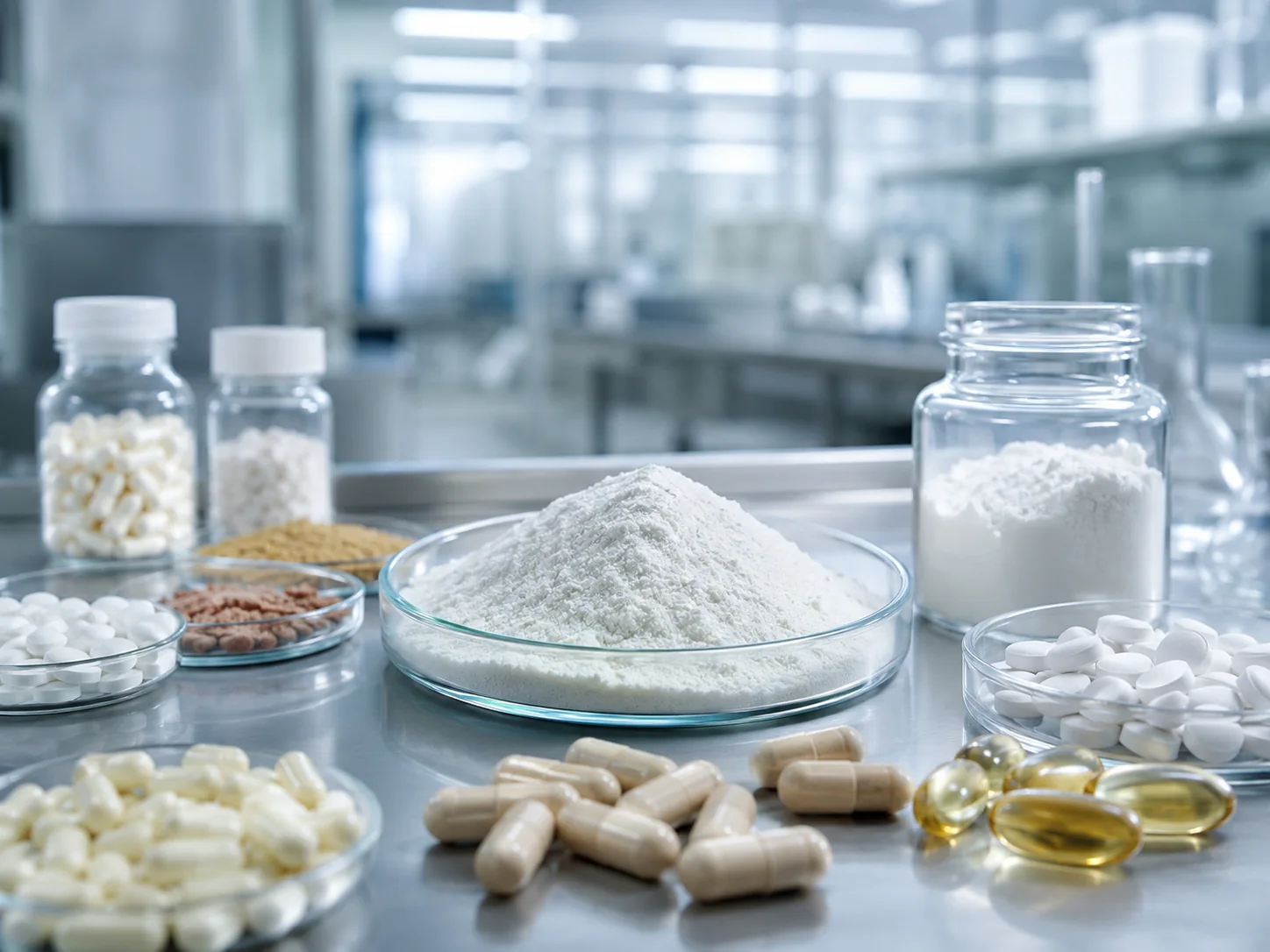 Pulberi farmaceutice, capsule și comprimate în vase de laborator, într-o hală de producție