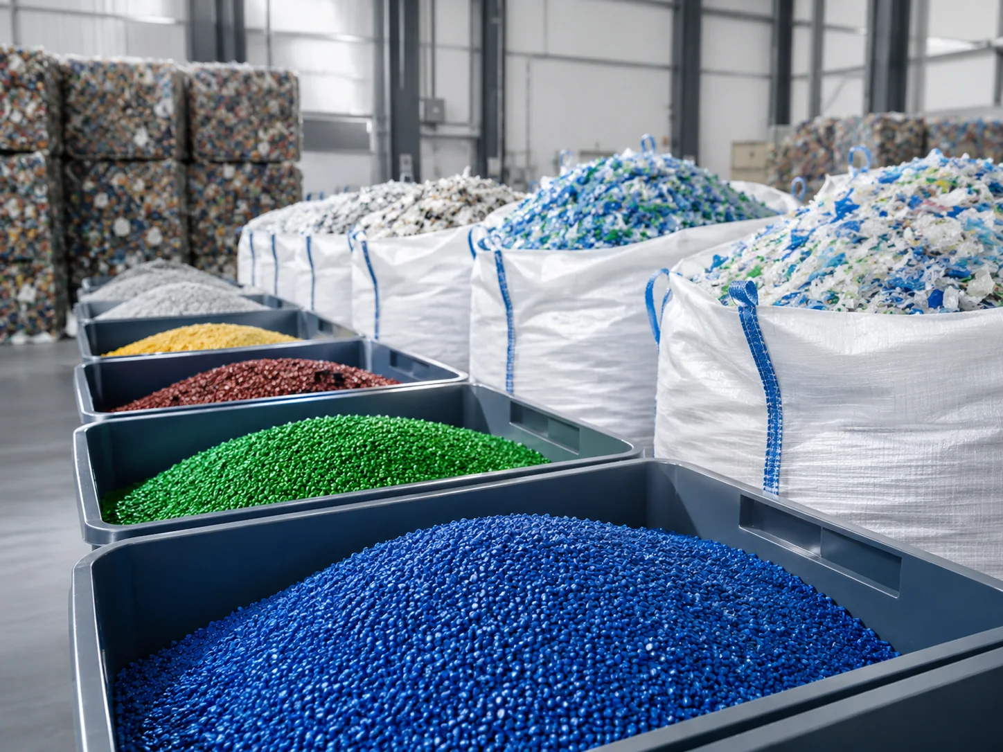 Granule de plastic colorate și fulgi reciclați în saci Big-Bag, într-o hală de reciclare