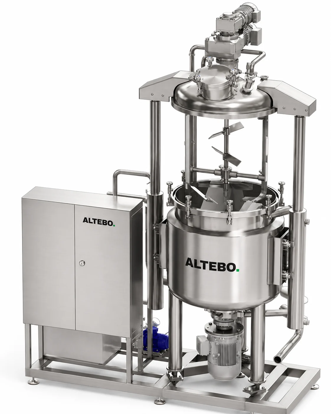 Reactor industrial de sinteză cu agitator, fabricat de Altebo din inox, cu tabloul de comandă alături